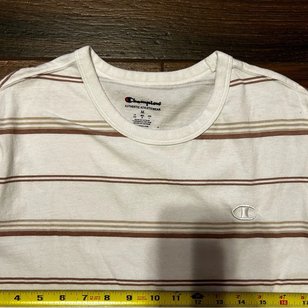 Champion Men’s Short‎ Sleeve Shirt Medium White with Brown Tan horizantal lines - Picture 9 of 10